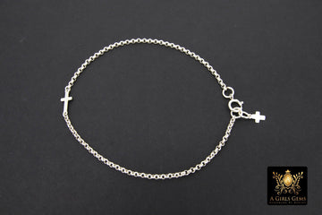 925 Sterling Silver Cross Rolo Bracelet, Chain Link Religious Medals Jewelry
